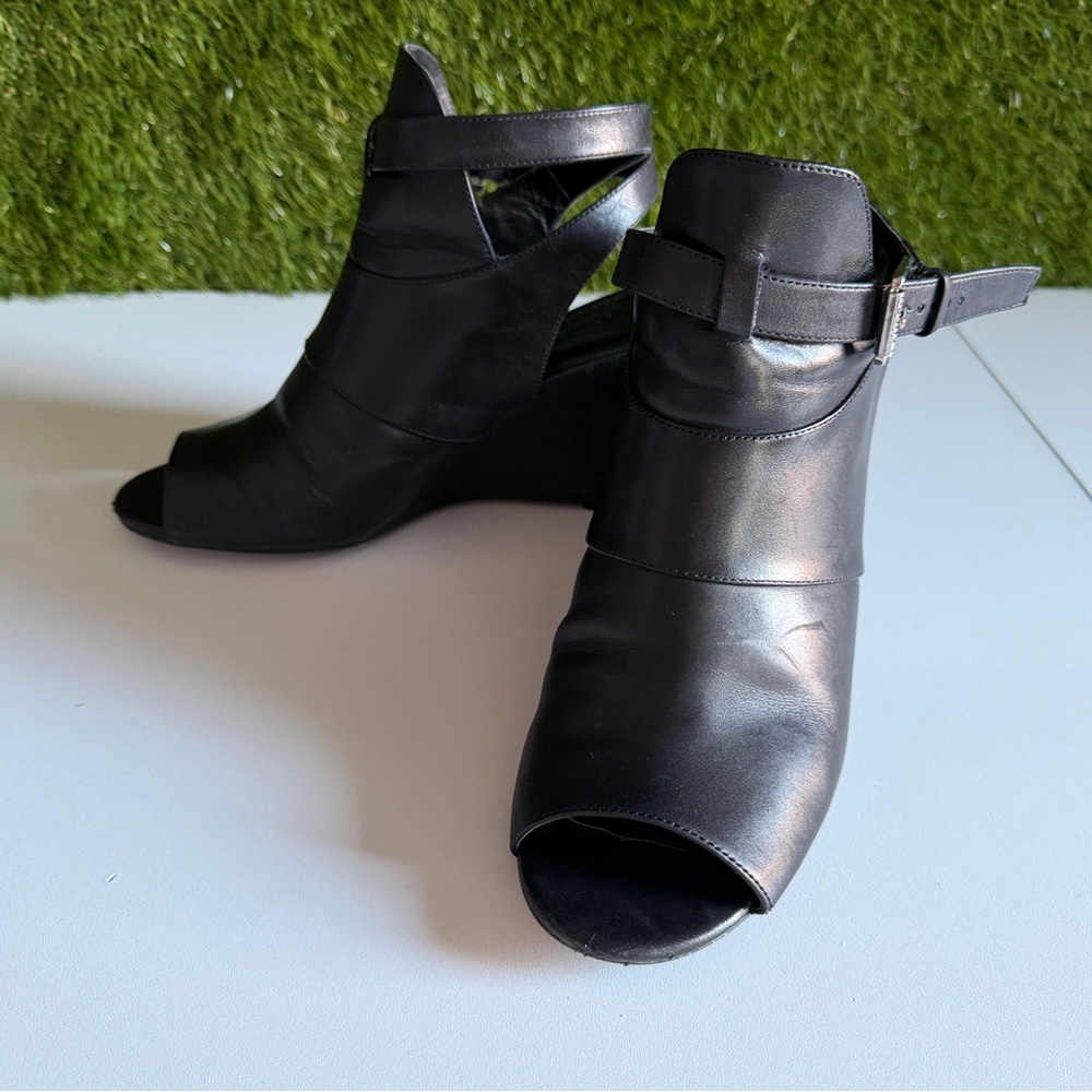 Lauren Ralph Lauren Leather Peep Toe Ankle Strap Wedge Bootie Abelle